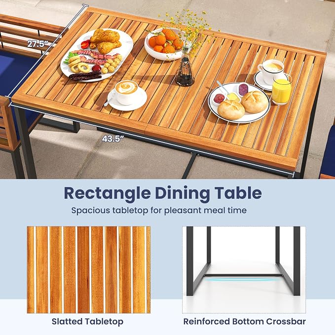 Tangkula Acacia Wood Patio Dining Table, 4-Person Rectangular Outdoor Dining Table with Metal Frame, Outdoor Patio Table for Porch, Garden, Deck, Lawn and Backyard