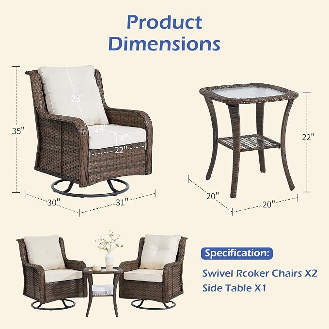 Wumiokio Patio Furniture Sets, 3 Pieces Wicker Outdoor Furniture - 360 Degree Swivel Rocking Chairs and Rattan Side Table for Garden,Porch,Backyard (Brown Wicker/Beige Cushion, 3PCS - Swivel Chairs)