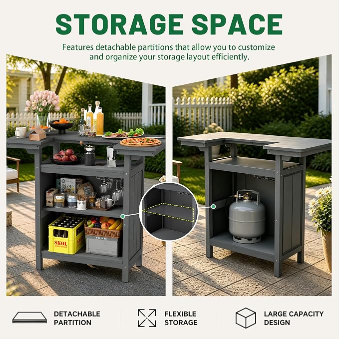 Domi Outdoor Bar Table, All-Weather HDPE Outdoor Kitchen Island with 4-Tier Storage Shelves, Patio Bar with Spacious Tabletop for Backyard, Poolside & BBQ, Grey
