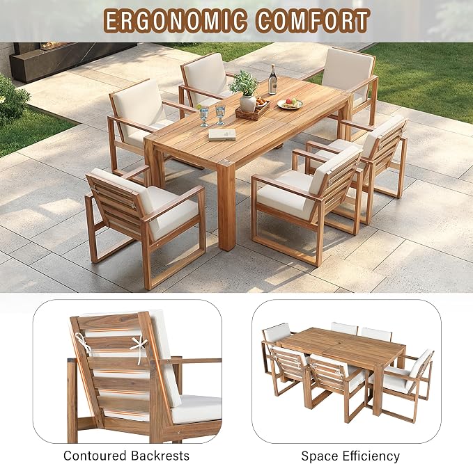 Merax Outdoor Patio Dining Table Set, 7-Piece Outdoor Dining Table Sets with Umbrella Hole Cut-Out Table and 6 Chairs with Removable Cushion, Acacia Wood Dining Sets Outdoor Furniture Set, Light Teak