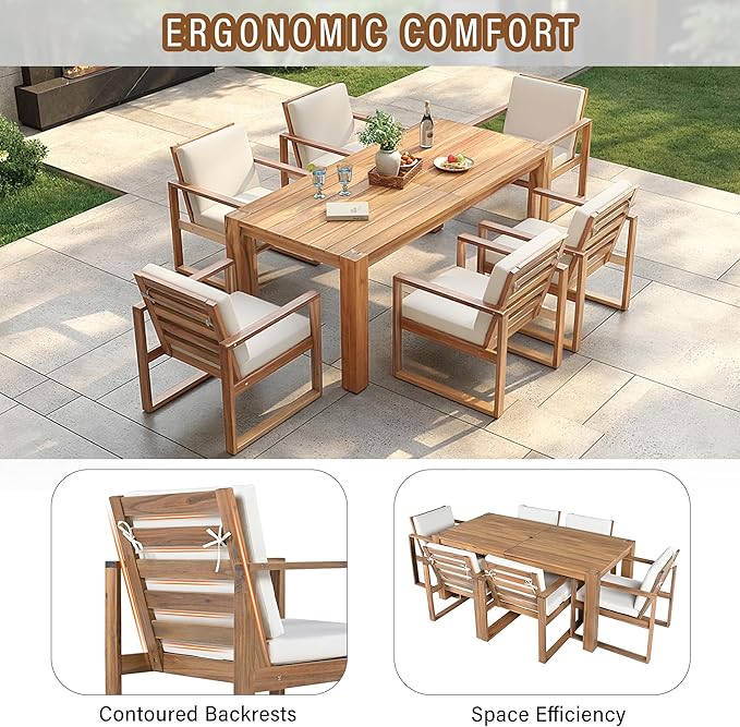 Outdoor Patio Dining Table and Chairs Set for 6, 7 PCS Patio Furniture Set | Outdoor Dining Set for 6 with Umbrella Hole, Wood Frame with Removable Cushion for Garden, Backyard, Lawn and Poolside