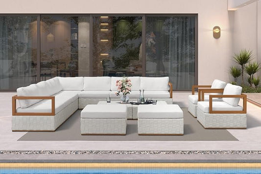 PURPLE LEAF Patio Outdoor Furniture Set 13 Pieces, Premium Leather Outdoor Couch Sectional Sofa, Modular Patio Conversation Sets with Olefin Cushions, Patio Couch for Porch, Balcony, Garden, White