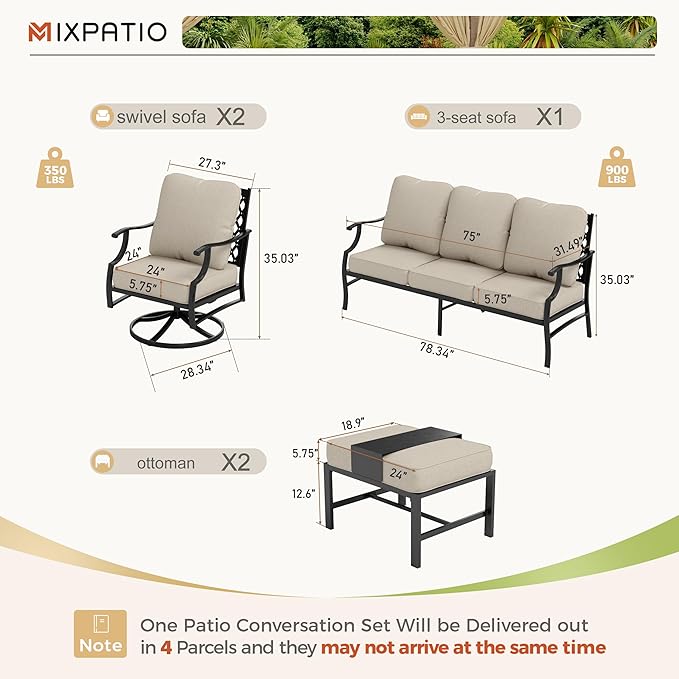 MIXPATIO Patio Furniture Set 5 pcs, Outdoor Patio Furniture, 3-Seat Sofa, 2 Swivel Chairs, 2 Ottomans and 5.75" Extra Thick Cushion, Patio Conversation Set for Garden Backyard Deck,Beige