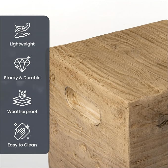 HOMPUS Outdoor Side Table w Groove Handle, Patio MgO Concrete Natural End Table, Square Accent Small Coffee Table for Garden, Patio, Porch and Deck, Light Oak