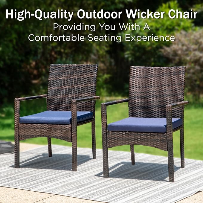PHI VILLA 7 Piece Patio Dining Set, 60” Rectangular Table, Rattan Chairs | Outdoor Dining Set for 6, Metal Dining Table with Umbrella Hole, Rattan Wicker Chairs with Cushions for Patio, Deck, Porch