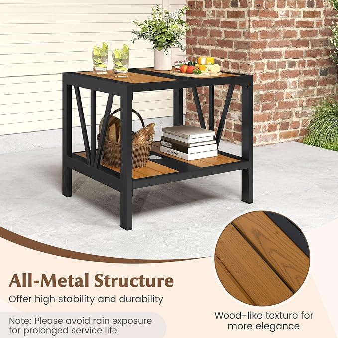HAPPYGRILL Outdoor Side Table with Umbrella Hole 1.57”, 2-Tier Coffee Bistro End Table Umbrella Stand with Storage Shelf, for Backyard Poolside Garden (2)