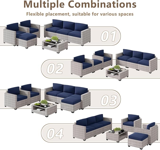 LOUVIXA 7 Piece Outdoor Patio Furniture Set, Rattan Chairs Glass Table Wicker Conversation Seating Sectional Sofa with Cushions (Grey White-Navy, 7Pcs-2 Layer Coffee Table)