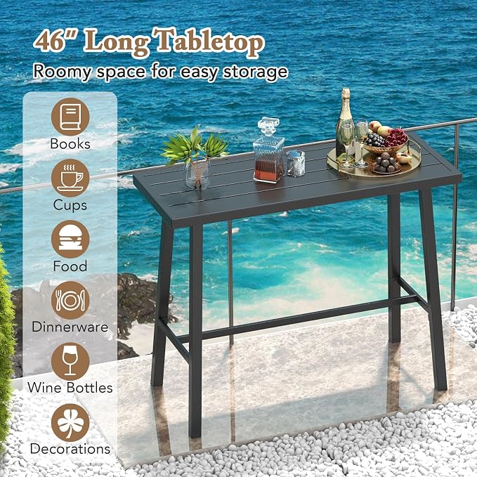 HAPPYGRILL Outdoor Bar Table Metal Frame Rectangle Dining Table Accommodates 4-6 People, Outdoor Bistro Table Patio Pub Table with Foot Pedal, Adjustable Foot Pads for Backyard, Porch, Deck