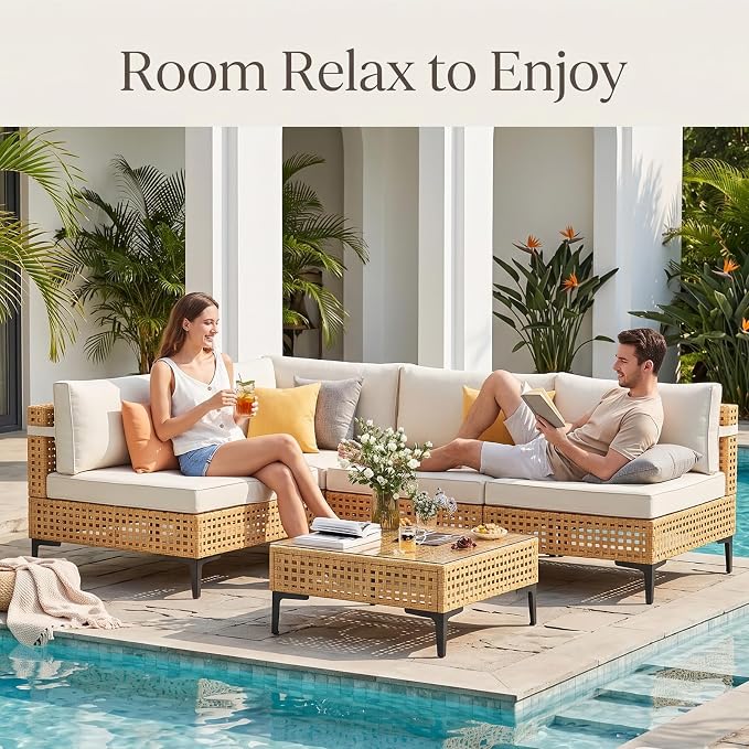 ABCASA Patio Sectional Furniture Set, 5-Piece Wicker Outdoor Patio Furniture Sets with Anti-Slip Cushions & Coffee Table,Boho Patio Conversation Set Sectional Sofa for Backyard,Porch,Garden,Beige
