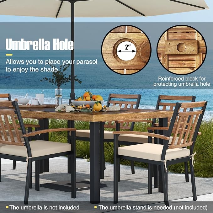 HAPPYGRILL Patio Dining Table for 8, 79" Large Rectangle Table with Acacia Wood Tabletop & Metal Legs, Outdoor Dining Table with 2" Umbrella Hole for Backyard, Lawn & Garden