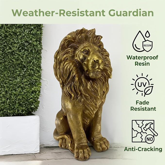 24" Majestic Lion Garden Statue, Gold | Regal Guardian Sculpture, Front Entry & Patio, Golden Resin, Weighted Base for Stability