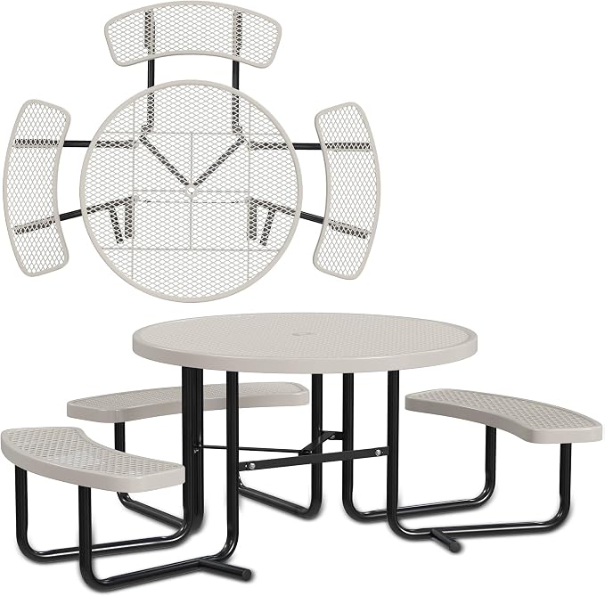Leisure Craft Metal Picnic Table with Bench - 46" Round Outdoor Dining Table with Umbrella Hole, Heavy Duty Thermoplastic Coating, ADA Compliant, Commercial Grade Furniture Made in USA - Beige