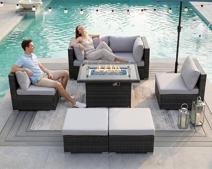 BULEXYARD 7 Piece High Back Outdoor Sectional Set with Fire Pit Table, Wicker Patio Furniture Set Weather-Resistant, Modular 6-Person Couch Sofa Comfortable Wide Deep Seats for Backyard, Light Grey