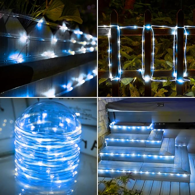 Solar Rope Lights, 2 Pack Total 66ft 200LED Solar String Lights, 8 Modes Waterproof Solar Outdoor Light, Flexible Clear Trampoline Light for Garden Yard Patio Deck Porch Pool Tree Decor - White & Blue