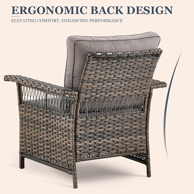 Patio Furniture Set 2 Wicker Patio Chairs with PE Rattan Side Table Set Brown Wicker Grey Cushions Patio Conversation Set 3pcs for Garden Balcony Sunroom Backyard Deck Porch