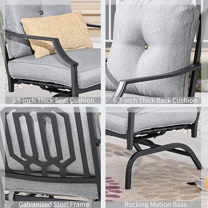 Patio Conversation Set 4 Pieces Metal Outdoor Furniture Sets Outside 3-Seat Sofa with Rocking Chairs Coffee Table (Grey)