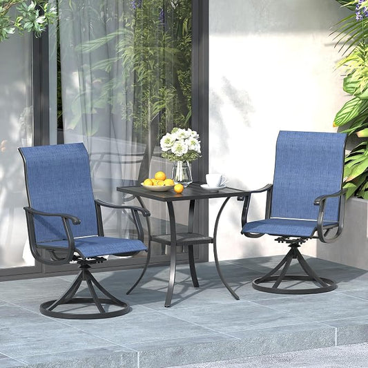 3 Pieces Patio Furniture Dining Set, 2 Textilene Swivel Dining Chairs, 28" Outdoor Square Metal Table with Storage Shelf, Outdoor Dining Set for Porch, Lawn, Garden, Black/Blue