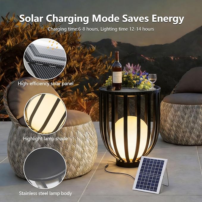 LED Outdoor Side Table, Solar Charging and Remote Control,Built-in Sphere Light,All Weather Metal Decor for Patio & Garden