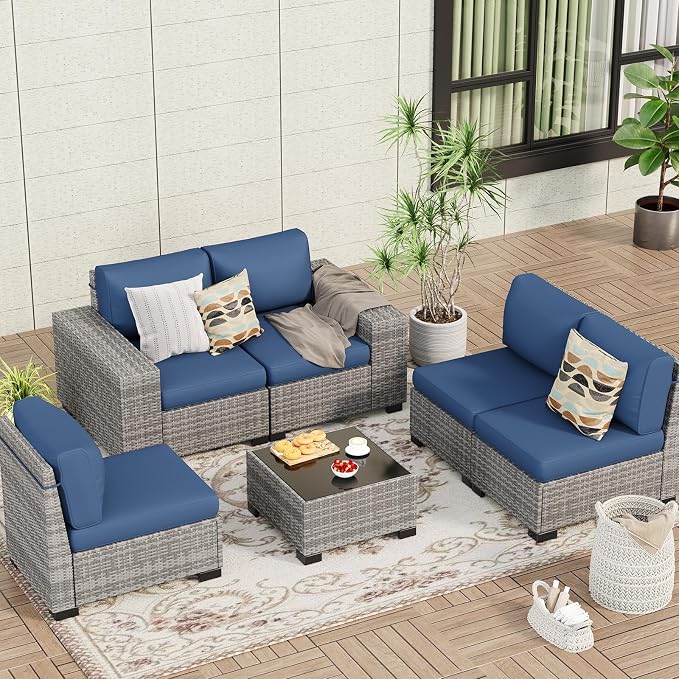 Outdoor Patio Furniture Set, 8'' Wide armrest Outdoor Sectional Rattan Sofa Set, Wicker Patio Furniture Sets w/Coffee Table,Thick Cushions and Cover for Porch, Balcony,Deck 6 PCS(Grey&Navy)