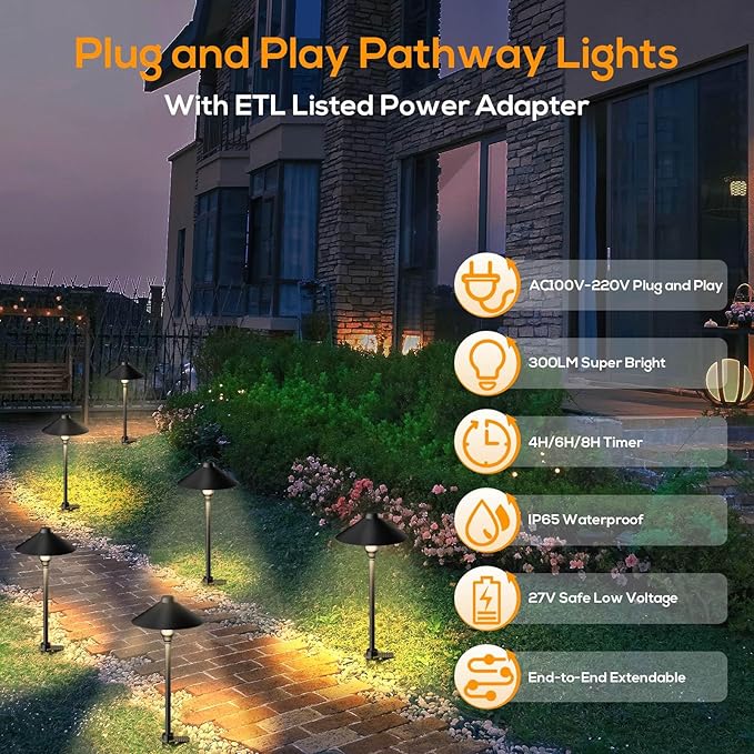 Low Voltage Pathway Lights with Timer, Plug in Landscape Path Light | 4H/6H/8H Timing, 4000K LED Landscape Lighting IP65 Waterproof ETL Listed, Set of 4 Lights Total 12W, Non-Hardwired
