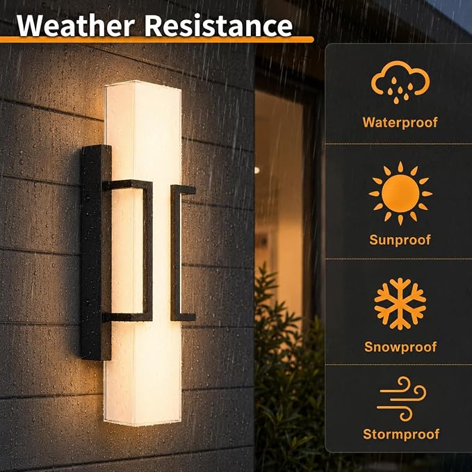 Hyunbae Modern Outdoor Wall Sconce Lights, Black Dimmable LED Porch Light | 16" Exterior Lighting Fixtures, IP65 Wall Mount Waterproof, White Glass Shade, House Garage Patio Use, 3000K Warm Glow