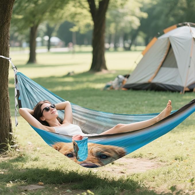 Happy Dog Camping Hammock, Portable Lightweight Single Hammock with Tree Straps and Aluminum Carabiners, 114" x 54" Travel Hammock for Hiking Backpacking Beach