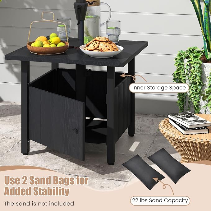 Tangkula Outdoor Table with Hole, Patio Umbrella Table with 2 Sand Bags, 1.89" Umbrella Hole, Metal Frame, Outdoor Side Table for Garden, Deck and Poolside