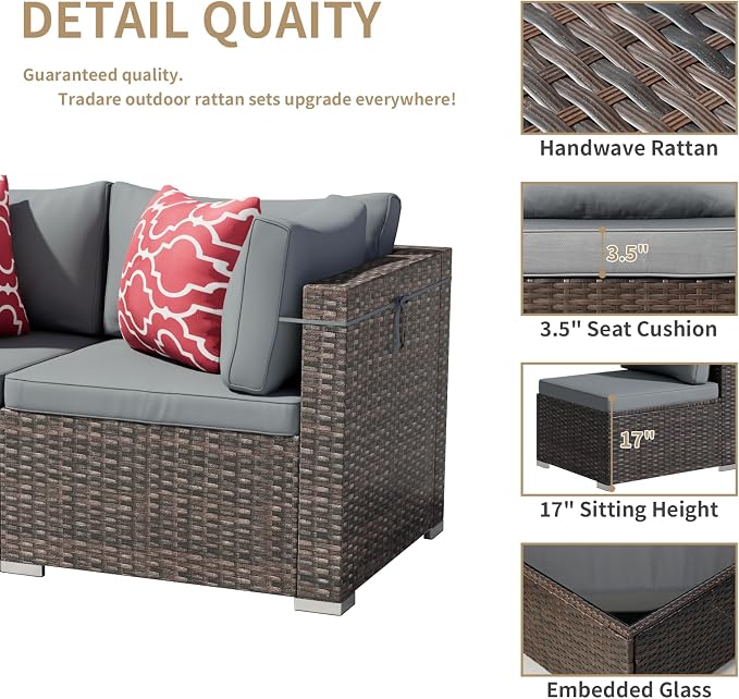 Tradare 3 Piece Patio Furniture Set, Outdoor Wicker Patio Sofa Set, PE Rattan Sectional Couch with Glass Table and Grey Cushions, All-Weather 3 Piece Outdoor Patio Furniture Sets, Brown