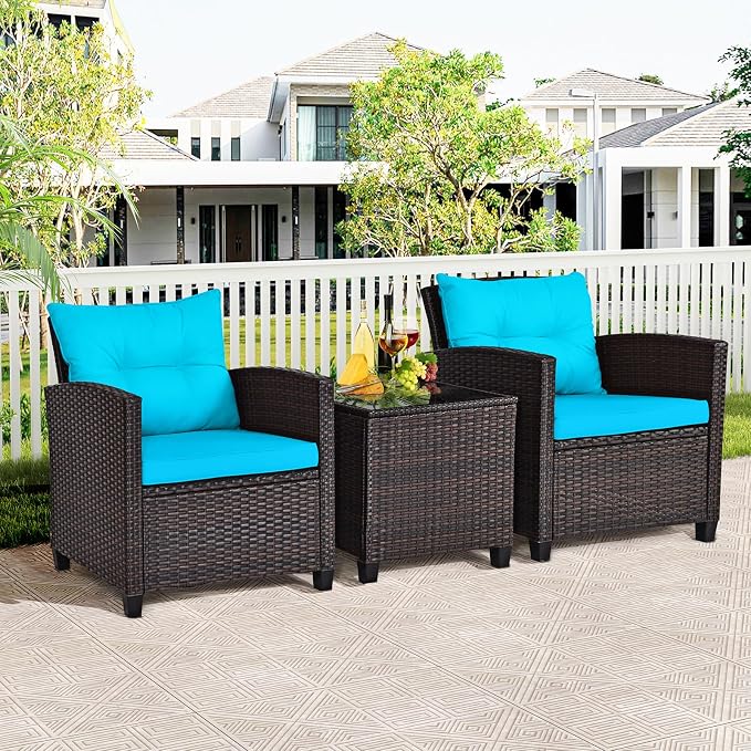 3-Pieces Patio Furniture Set, PE Wicker Chairs Sofa Set with Removable Cushions & Glass Top Side Table, Outdoor Wicker Rattan Conversation Chair for Porch,Backyard, Balcony (Turquoise)