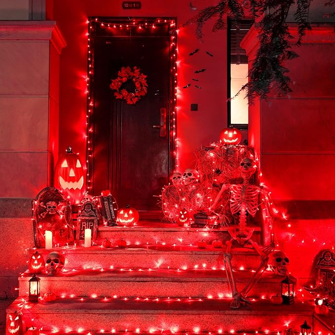 JMEXSUSS 163 FT 500 LED Red Halloween String Lights Indoor Outdoor | Clear Wire Red Lights Plug in, 8 Modes Christmas String Lights Outdoor Waterproof for Xmas Tree Bedroom Room Halloween