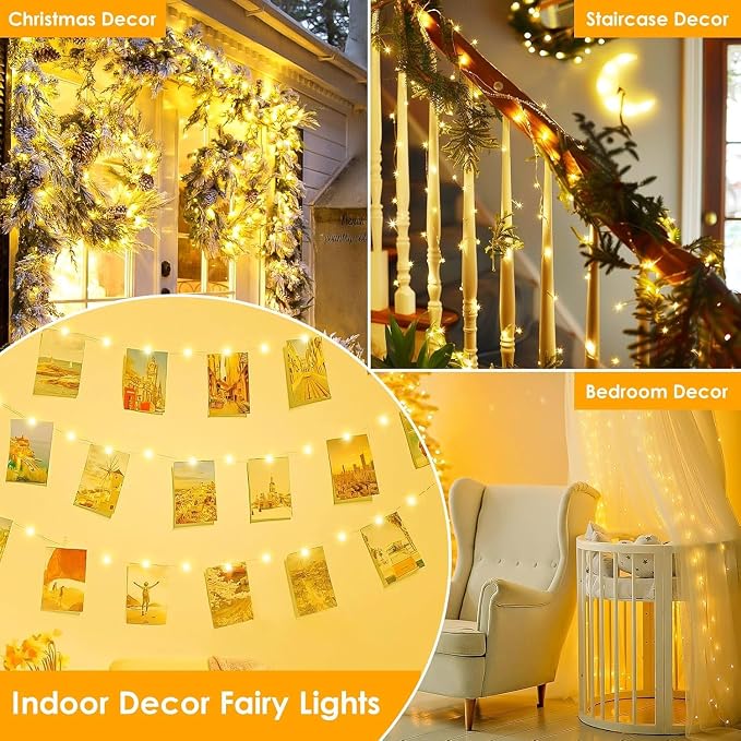 33FT 100 LED Fairy Lights Plug in, 8 Modes Twinkle Lights Warm White | Waterproof String Lights Outdoor Indoor, Memory, Timer, Copper Wire, Christmas Lights for Bedroom Garden Party Holiday Decor