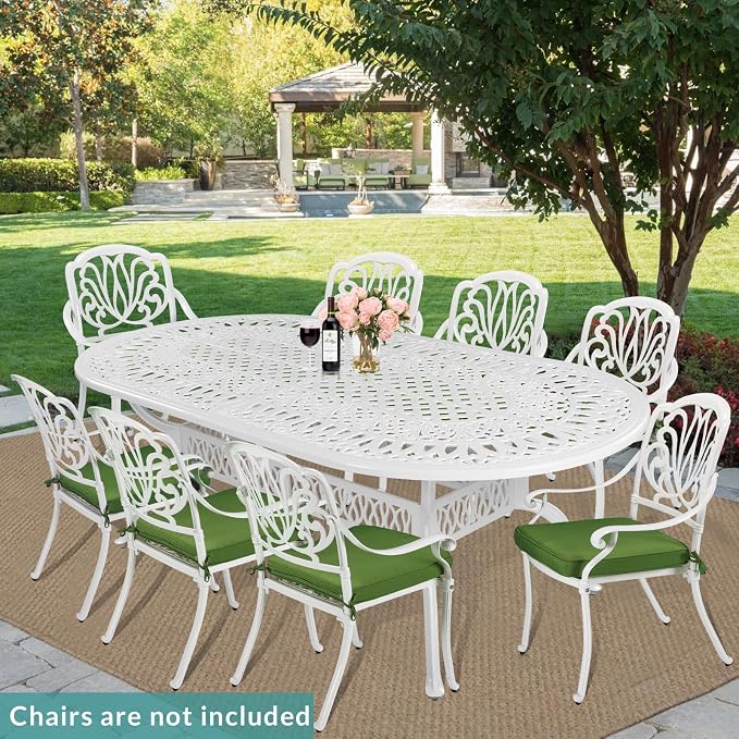 MEETWARM Outdoor 84" Oval Patio Dining Table, All Weather Cast Aluminum Large Patio Furniture Table Fits for 6-8 Person with 2" Umbrella Hole, White