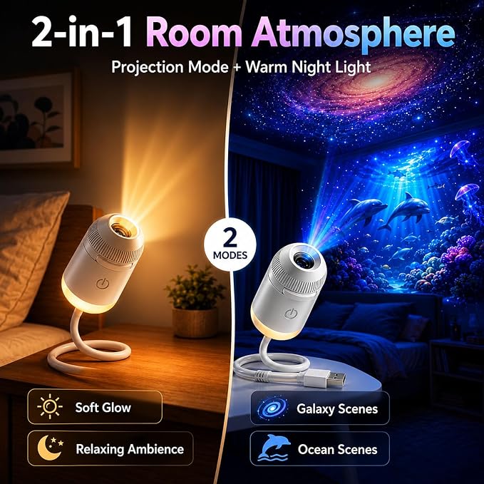 2027 Upgraded Hd Smart Dynamic 5d Holographic Night Light Projector, Plug and Play Hd Star Projector, 360° Adjustable Hd Galaxy and Ocean Projector for Indoor and Outdoor (12 Projection Films)