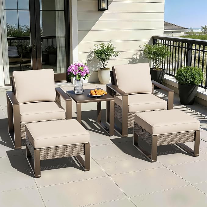 5 Pieces Metal Wicker Patio Furniture Set - Two Armchairs and Two Ottomans, One Side Table, All Weather Rattan Outdoor Conversation Furniture with Washable Cushion for Deck Porch, Beige