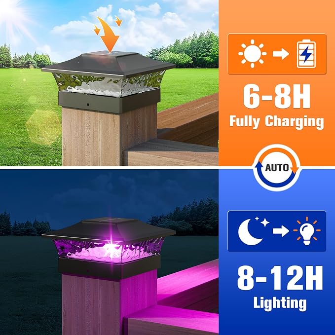 APONUO Solar Post Cap Lights with 8 RGB Solid Colors & Multicolor Flow - 8 Pack 6x6 Post Cap Solar Light, IP65 Waterproof - Fits 4x4 5x5 6x6 Wood & Vinyl Posts - Black
