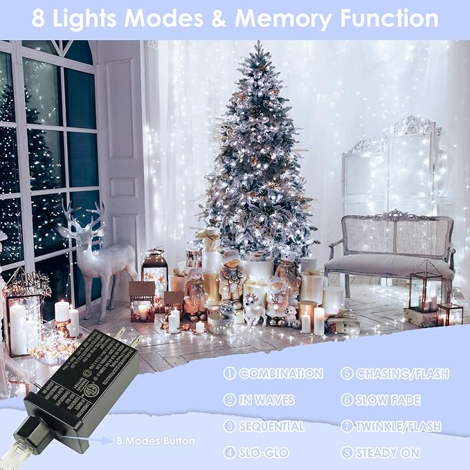 33FT 100 LED Fairy Lights Plug in, 8 Modes Twinkle Lights Cool White | Waterproof String Lights Outdoor Indoor, Memory, Timer, Copper Wire, Christmas Lights for Bedroom Garden Party Holiday Decor