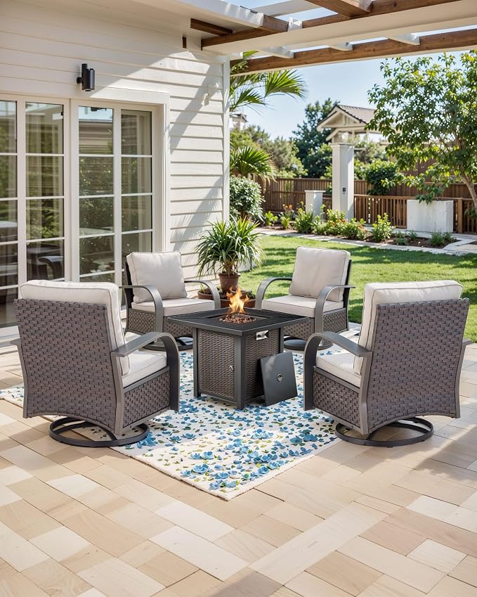 HUMMUH Outdoor Furniture with Fire Pit - Patio Table and Chairs Set of 4 Swivel Patio Chairs for Deck Porch Garden Poolside Backyard - Brown/Beige