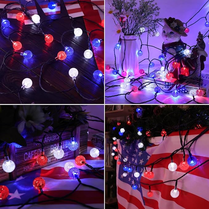 Joomer Red White Blue Solar String Lights,39FT 60LED 4th of July Decor | with 8 Lighting Modes Waterproof, Solar Powered Fairy Lights for Independence Day Yard Gazebo BBQ Patriotic Party Decorations
