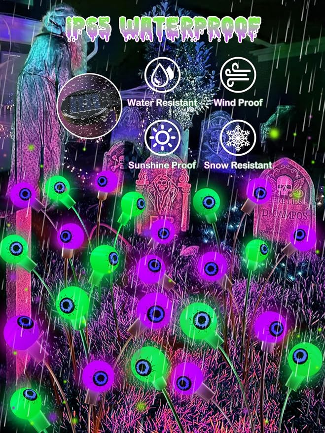 6 Pack Solar Halloween Decorations Outdoor 36 LED Solar Eyeball Lights | Purple and Green Halloween Lights, Sway by Wind, IP65 Waterproof, 2 Modes, for Pathway Garden Yard Lawn Horror Party Decor