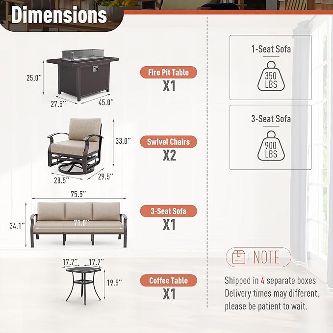 Kurapika Aluminum Patio Furniture Set 5-Seat Modern Metal Outdoor Conversation Sets w/45in Propane Fire Pit Table, Swivel Rocking Chairs Patio Sectional Sofa w/5.1 Inch Cushion, Sand