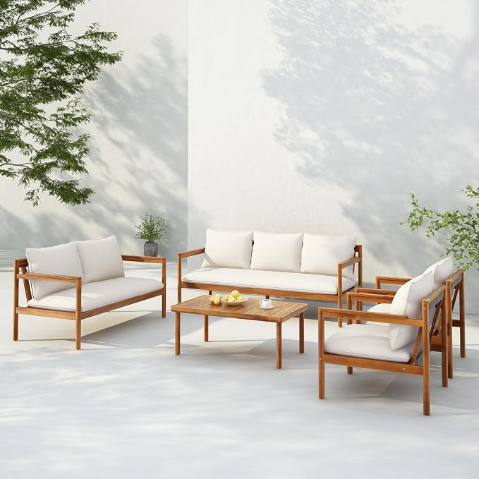 Christopher Knight Home Vorms 5-Piece Acacia Wood Patio Furniture Set with Rope Backrest, Patio Conversation Chat Set for Backyard Balcony, Outdoor 7-Seater Seating Group with Coffee Table, Teak+Cream
