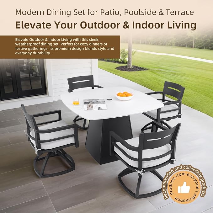 5-Piece Outdoor Patio Dining Table Set, Modern Sintered Stone Dining Table with 4 Sunbrella Swivel Chairs, Aluminum Frame and Umbrella Hole, Durable & Weather/Heat-Resistant