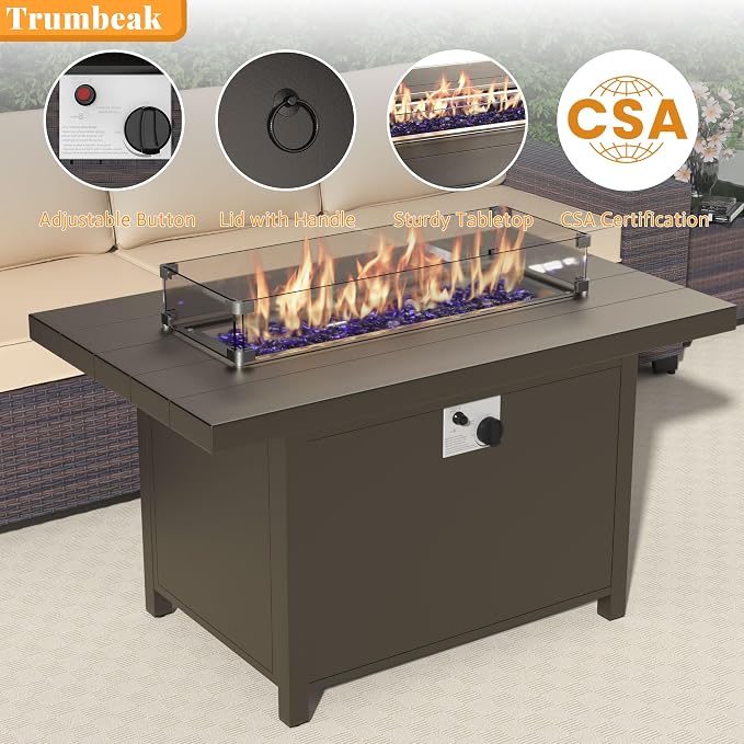 Patio Furniture Set 7 Pieces Outdoor Furniture Patio Conversation Set w/43in Aluminum Gas Fire Pit,PE Rattan Wicker 7 Pcs Outdoor Sofa Set w/55000 BTU Propane Fire Pit Table,Blue