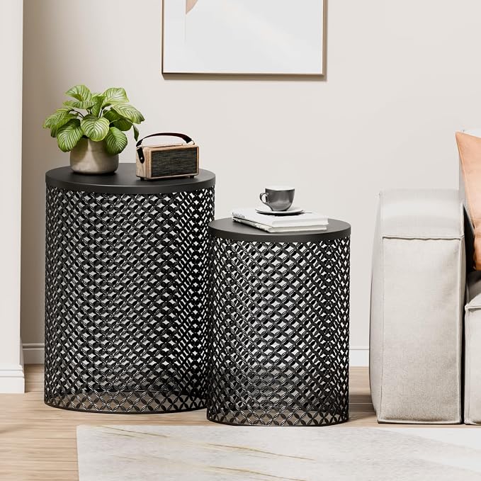 ChicFurnit Outdoor Side Table Set of 2, Cylindrical Metal Frame End Table, Decorative Garden Stool for Indoor Outdoor, Accent Garden Table Modern Nesting End Table for Patio Balconies, Cafes, Black