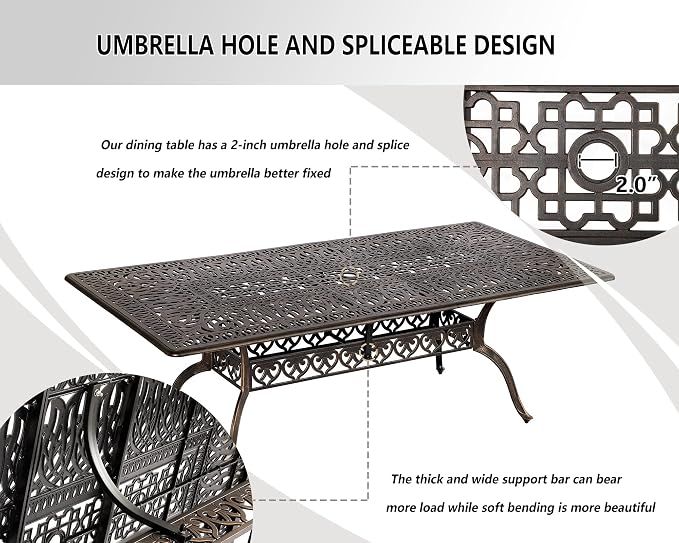 Grepatio 9 Piece Cast Aluminum Patio Furniture Set Outdoor Dining Set Bistro Furniture Set with 8 Armchairs and Dining Table, 8 Cushions for Backyard Garden Poolside (Grid Khaki)