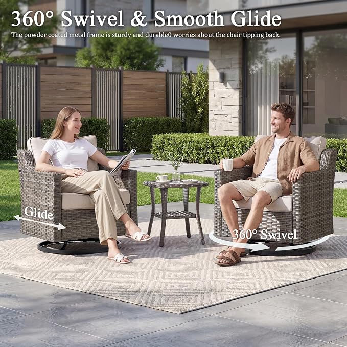 Luxury Patio Furniture Chairs Set - 6 Pieces All Weather Wicker Outdoor Couch and High Back Swivel Rocker Patio Chairs with Side Table for Deck Yard and Poolside Gray Wicker | Beige Cushions