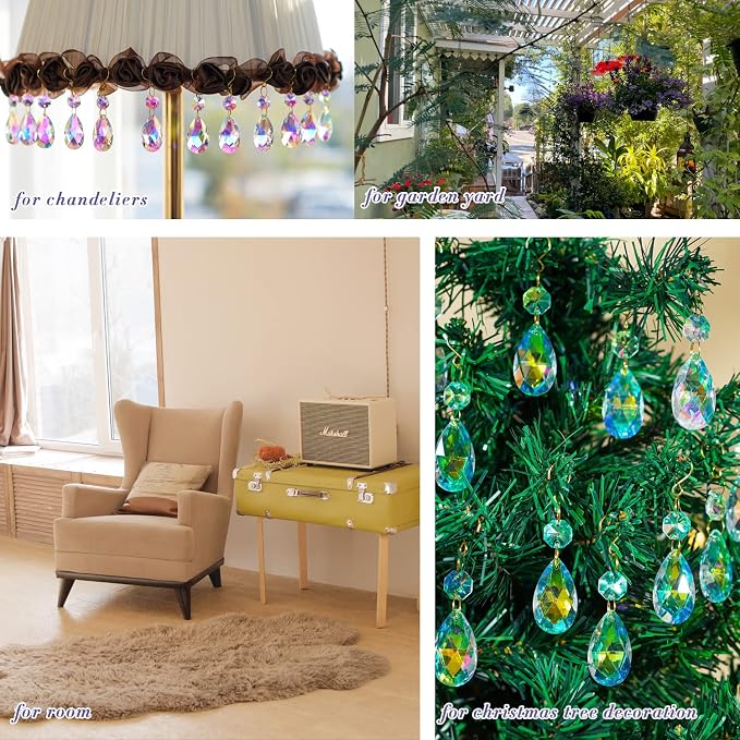 25pcs Crystal Teardrop Chandelier Parts, 38mm Suncatcher Crystal Prisms | Hanging Ornament Chandelier Crystals Rainbow Maker for Windows/Wedding Christmas Tree Decor (Glod Hook+Ring)