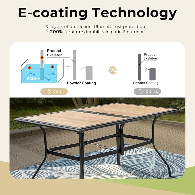 MIXPATIO Outdoor Patio Dining Table for 6, 60" x 37" Rectangular Metal Patio Dining Table with Umbrella Hole and Faux Wood Tabletop, All Weather Wrought Iron Black Outdoor Table for Backyard and Porch