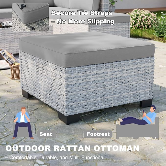 13-Piece Patio Furniture Set, Outdoor Patio Furniture with Swivel Chairs Set, Ottomans, 55,000 BTU Fire Pit Table, Modular Patio Sofa, Dual-Strand Wicker Rattan, Rust-Resistant Frame, Grey