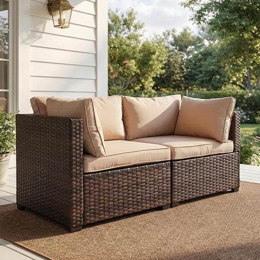 2 Pieces Patio Furniture Set, Outdoor PE Rattan Sectional Sofa with Soft Cushions for Backyard, Porch, and Poolside (Beige, 2 PCS)